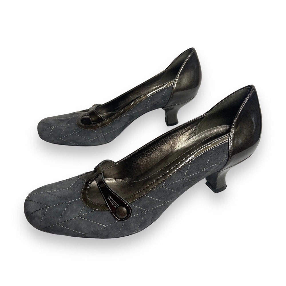 Franco Sarto Mary Jane Kitten Heel Pumps Size 10N Gray Stitching Suede Workwear - Picture 6 of 12